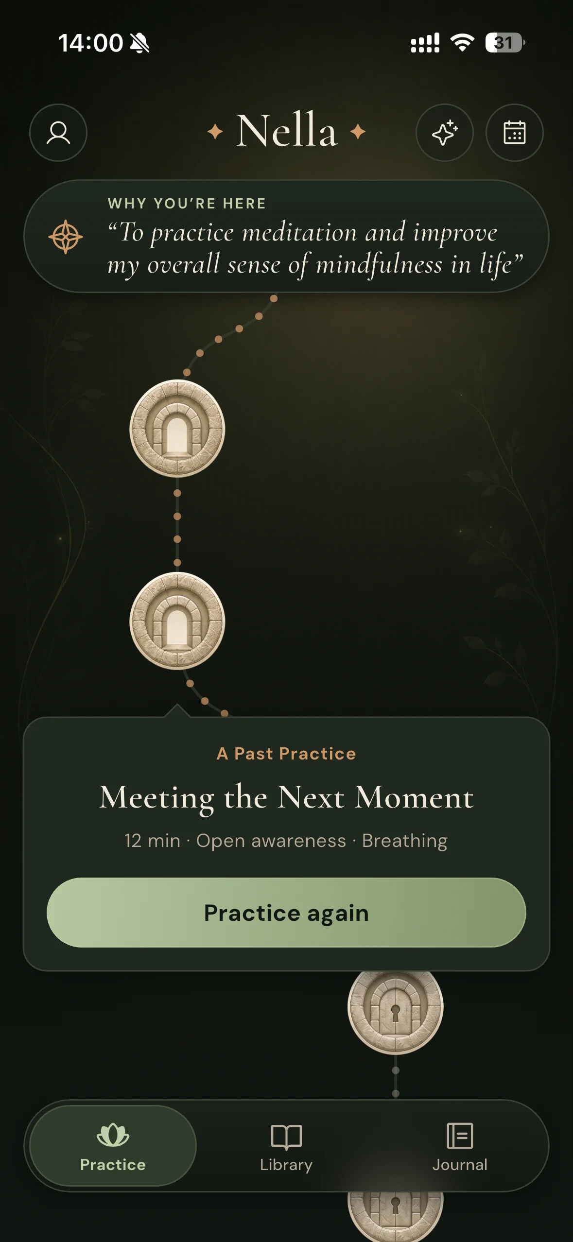 Nella home screen showing a completed meditation practice
